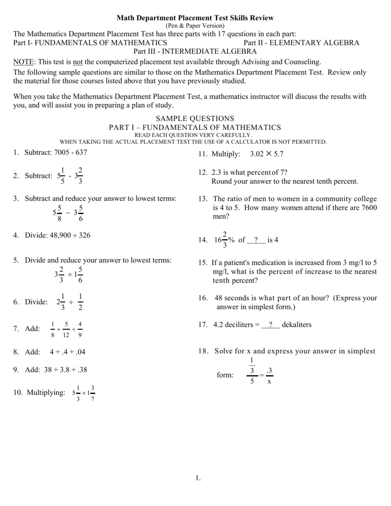 Math Department Placement Test Skills Review The Mathematics