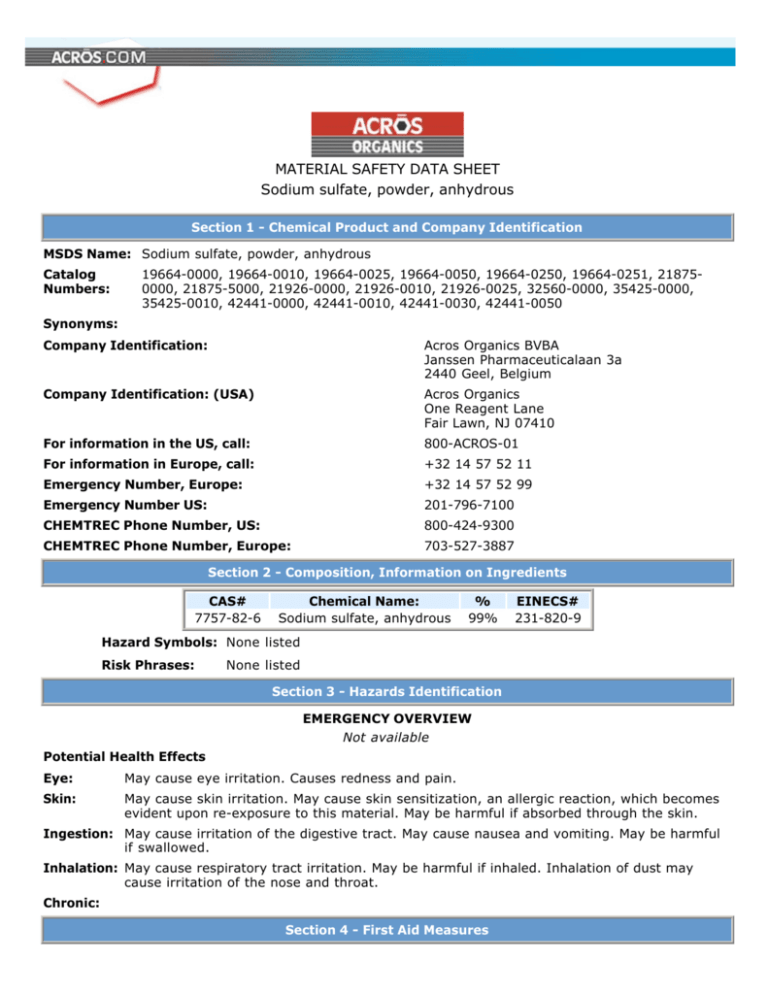 Material Safety Data Sheet Sodium Sulfate Powder Anhydrous