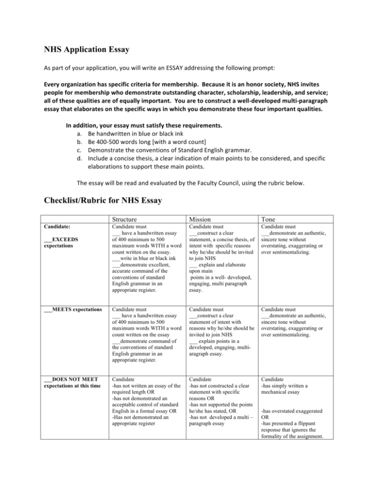 NHS Application Essay Checklist Rubric For NHS Essay