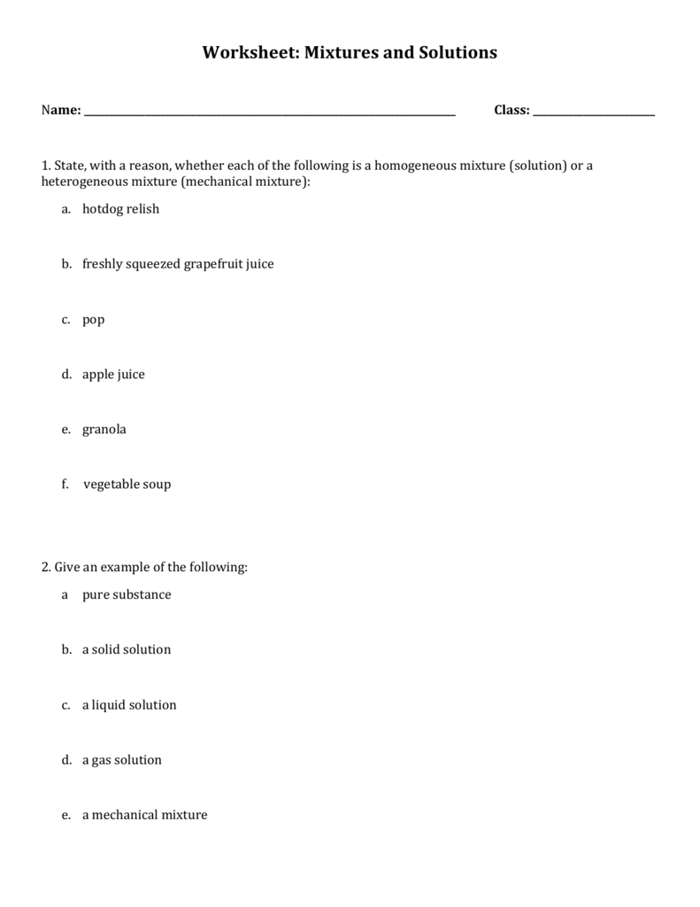 Worksheet: Mixtures and Solutions Pertaining To Mixtures Worksheet Answer Key