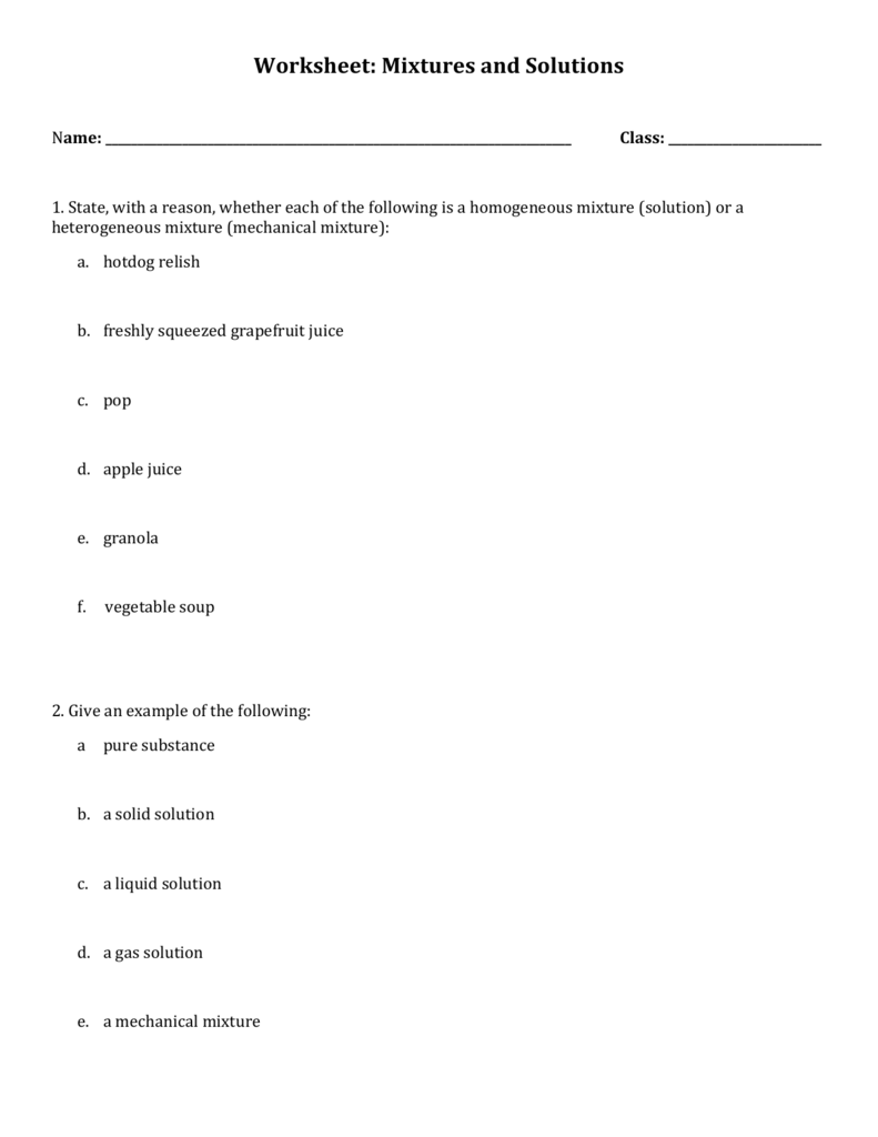 Worksheet: Mixtures and Solutions In Mixtures And Solutions Worksheet