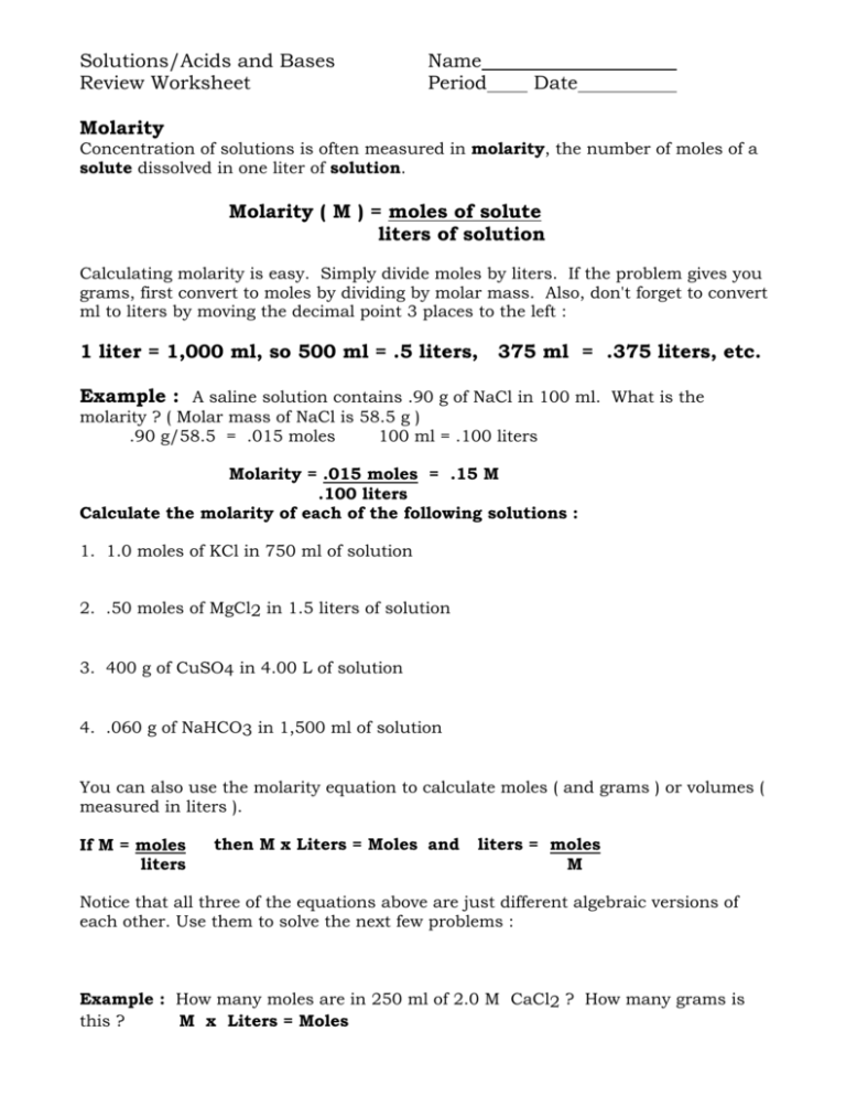 Solutions Acids And Bases Name Review Worksheet Period Date