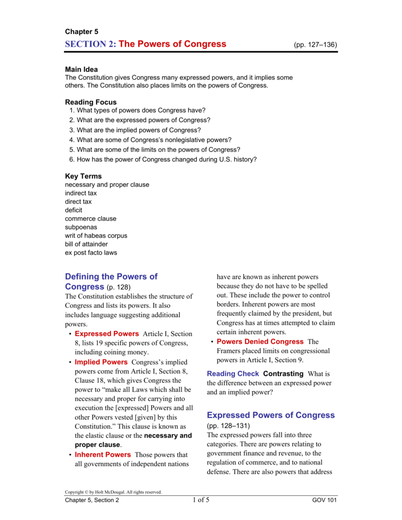 SECTION 25: The Powers of Congress With Powers Of Congress Worksheet