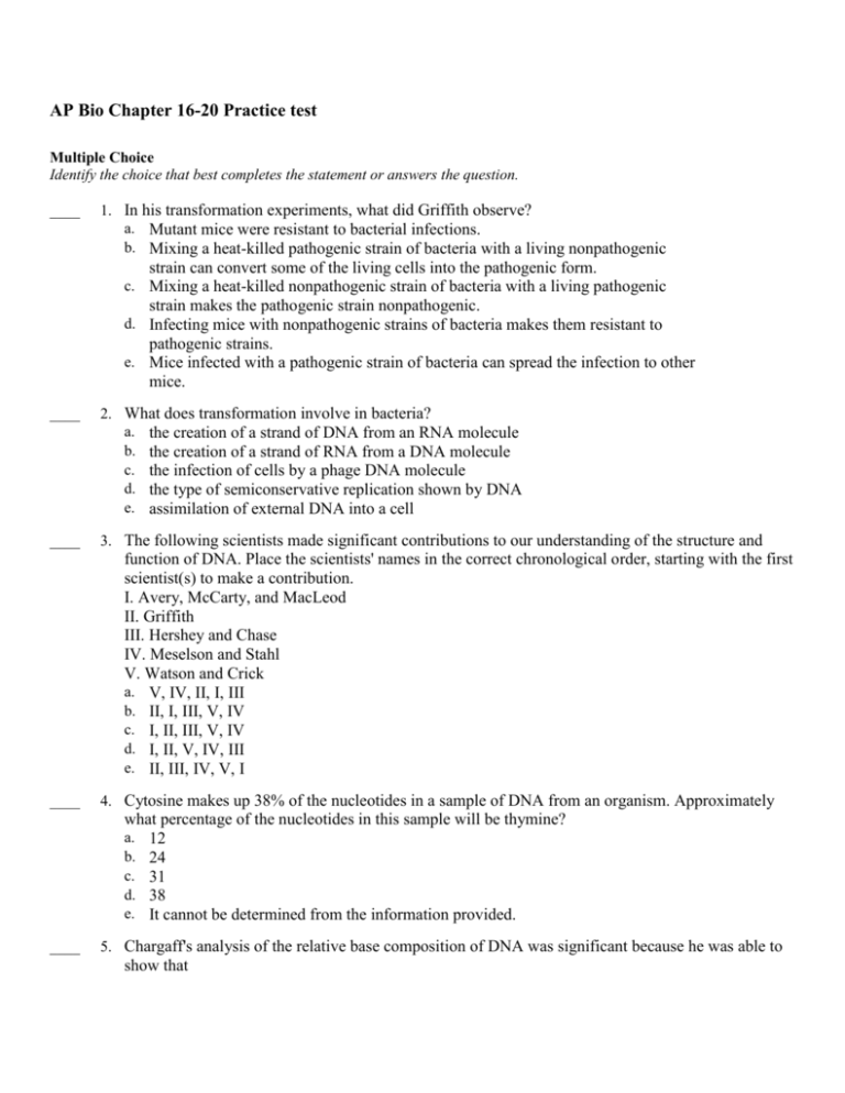 AP Bio Chapter 1620 Practice test