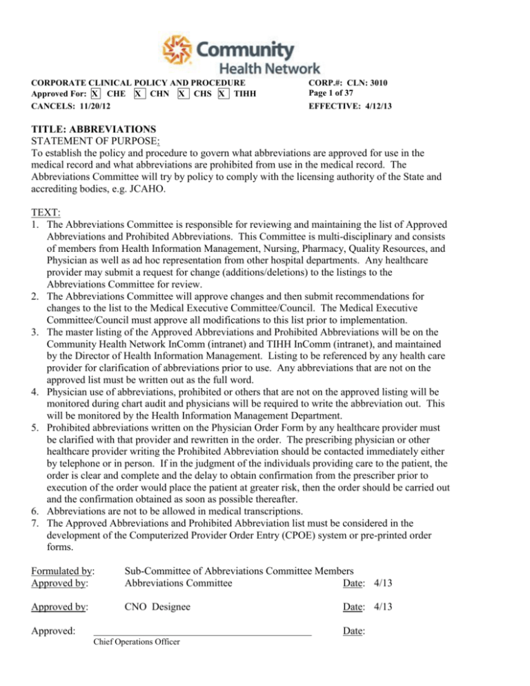 Title Abbreviations Community Health Network