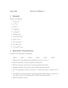 1 Integrals 2 Hyperbolic Trig Functions
