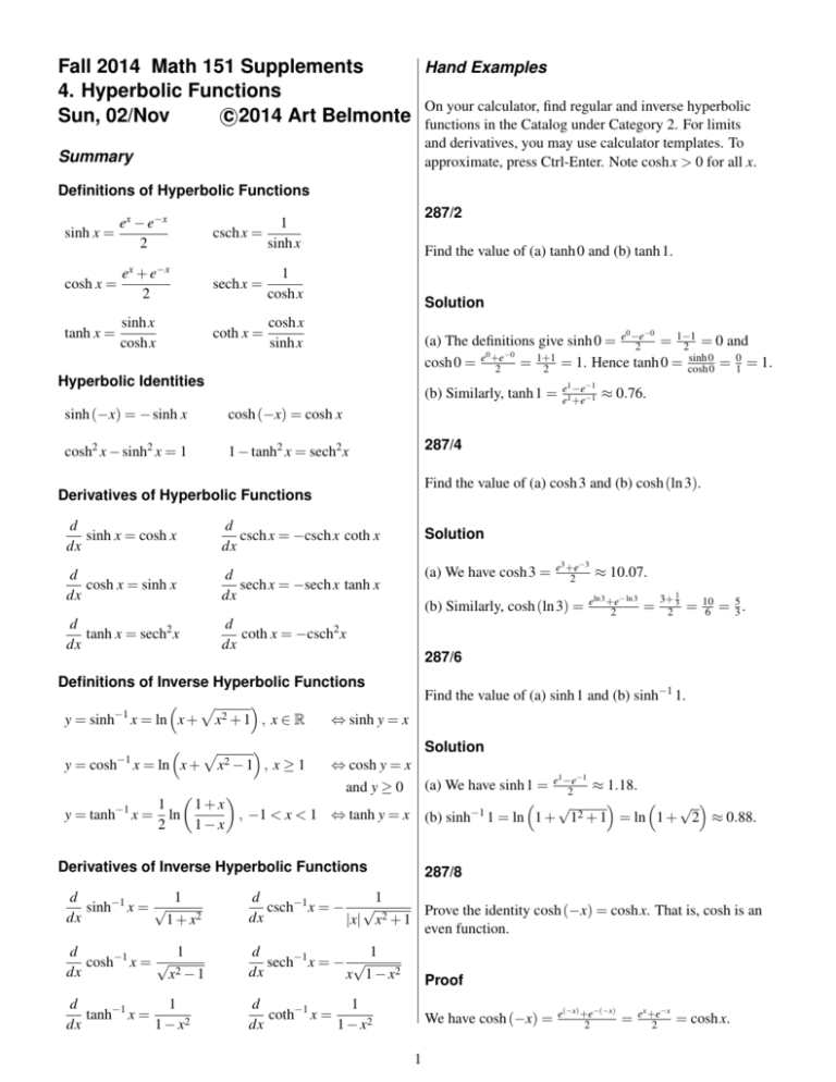 Hyperbolic Functions