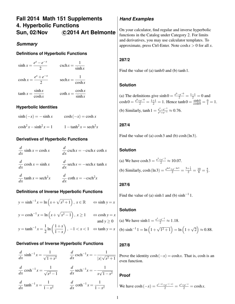 Hyperbolic Functions