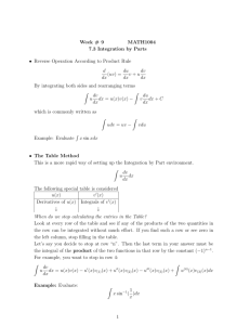 Week # 9 MATH1004 7.3 Integration by Parts • Reverse Operation