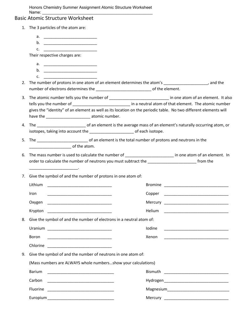 Basic Atomic Structure Worksheet  Intended For Basic Atomic Structure Worksheet Answers