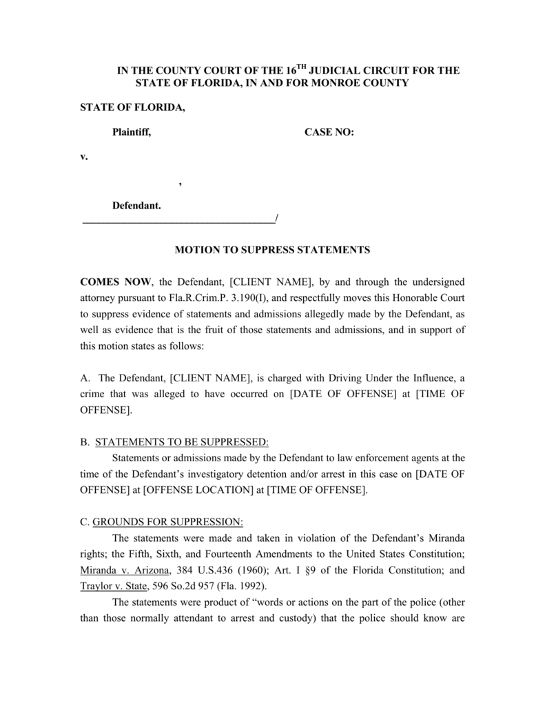 Motion To Suppress Statements DUI 