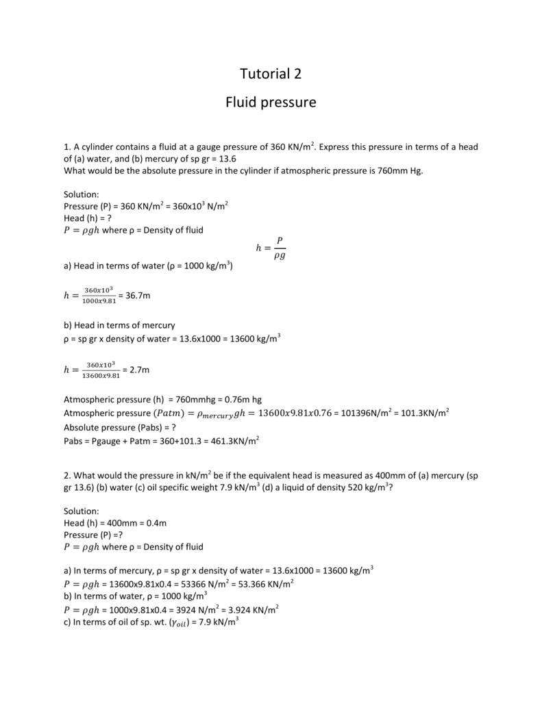 2 Fluid Pressure Tutorial Solution