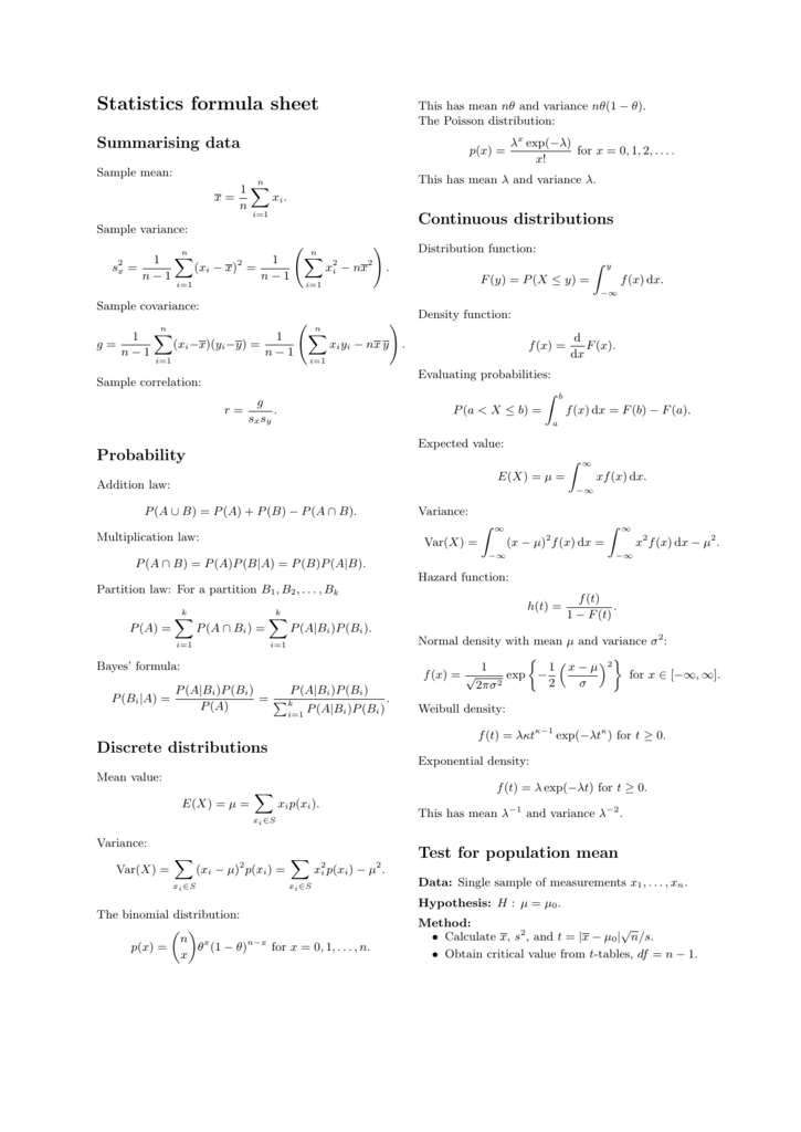 Statistic Formula Sheet Free Printable