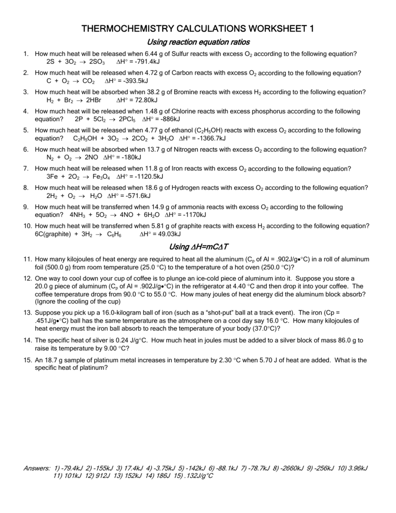stoichiometry thermochemistry worksheet answers
