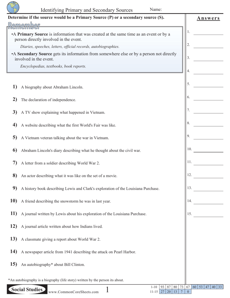 identifying primary and secondary sources worksheet answer key Inside Primary And Secondary Sources Worksheet