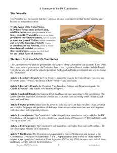 A Summary of the US Constitution The Preamble The Seven Articles