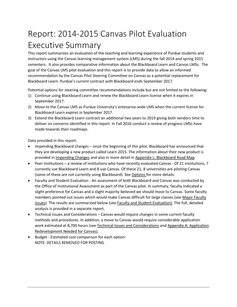 Example Pilot Course Evaluation Report Final Canvas Pilot Evaluation Report & Recommendation