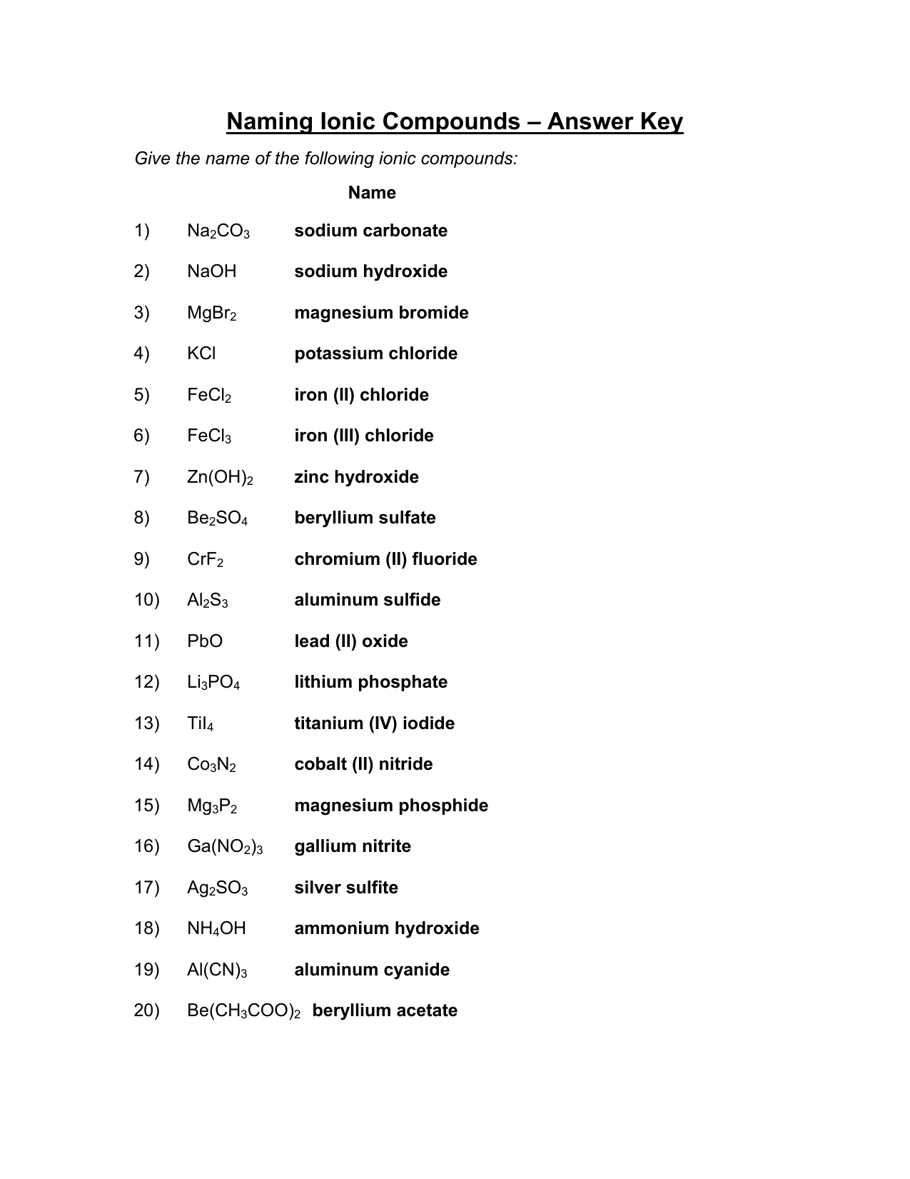 Naming Ionic Pounds Answer Key