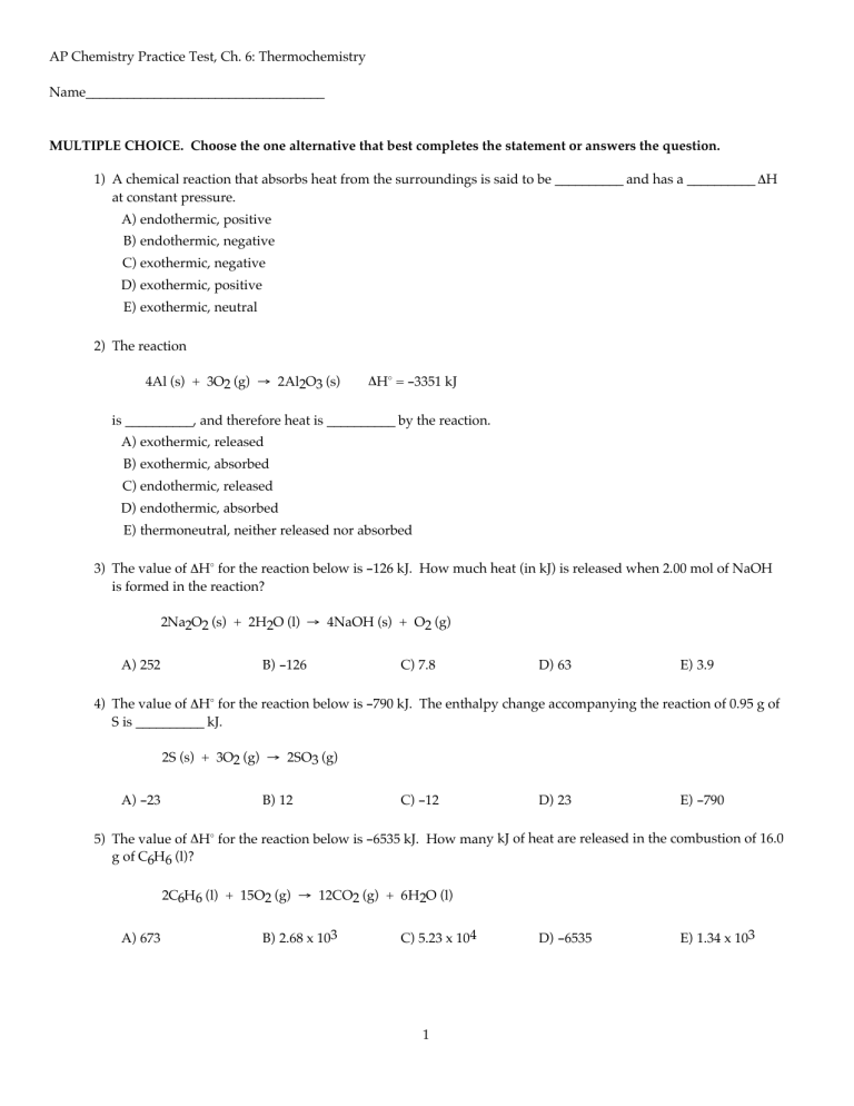 AP Chemistry Practice Test Ch 6 Thermochemistry