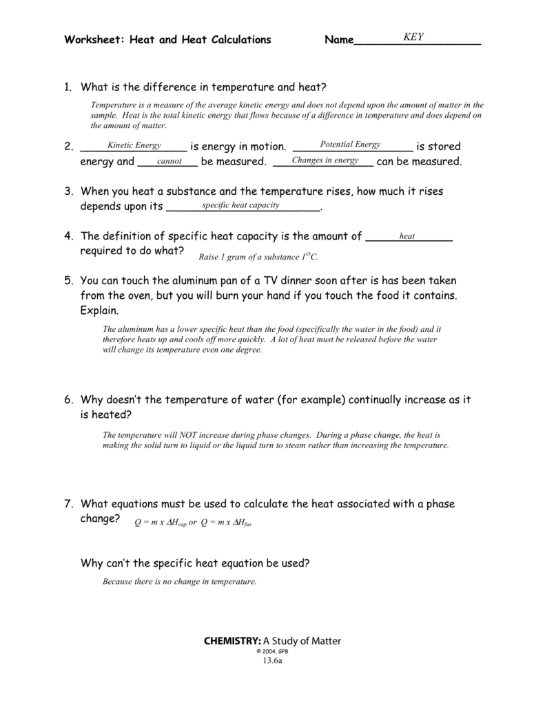 Specific Heat Worksheet Answer Key