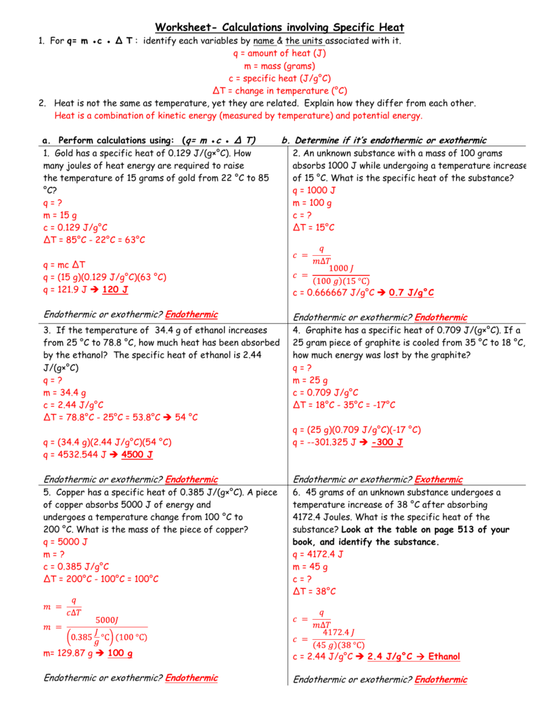 Worksheet- Calculations involving Specific Heat Pertaining To Specific Heat Worksheet Answers