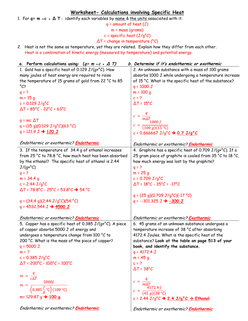 Worksheet Calculations involving Specific Heat