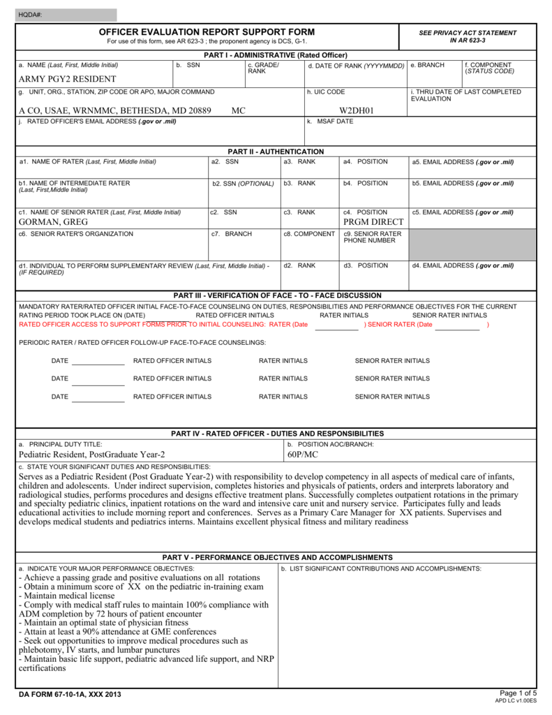 OER Support Form DA 67 10 1 R For PGY2