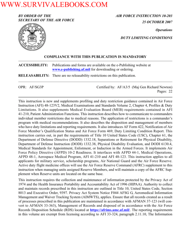 2007 US Air Force DUTY LIMITING CONDITIONS 22p