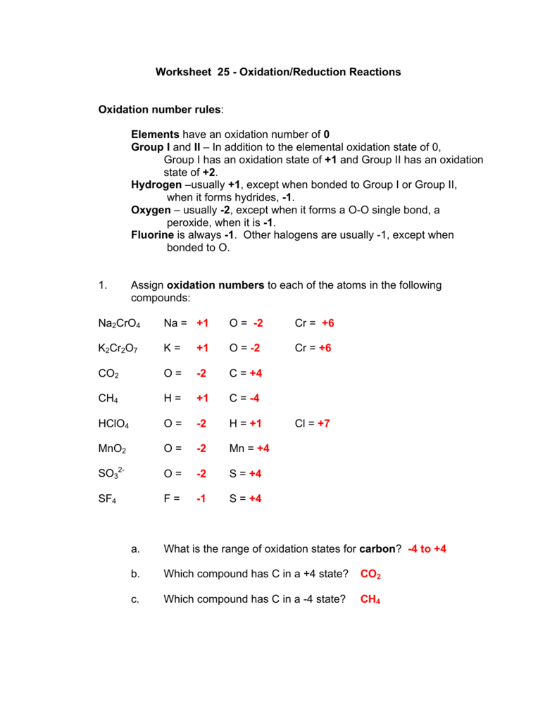 Worksheet 25 Oxidation Reduction Reactions Oxidation Number