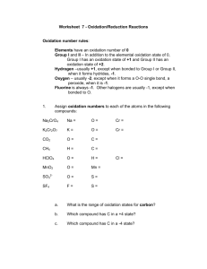 Worksheet 7 - Oxidation/Reduction Reactions Oxidation number