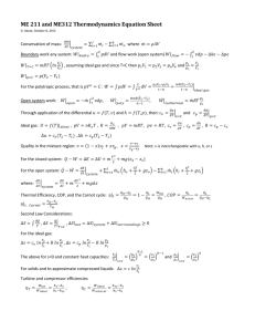 ME 211 and ME312 Thermodynamics Equation Sheet