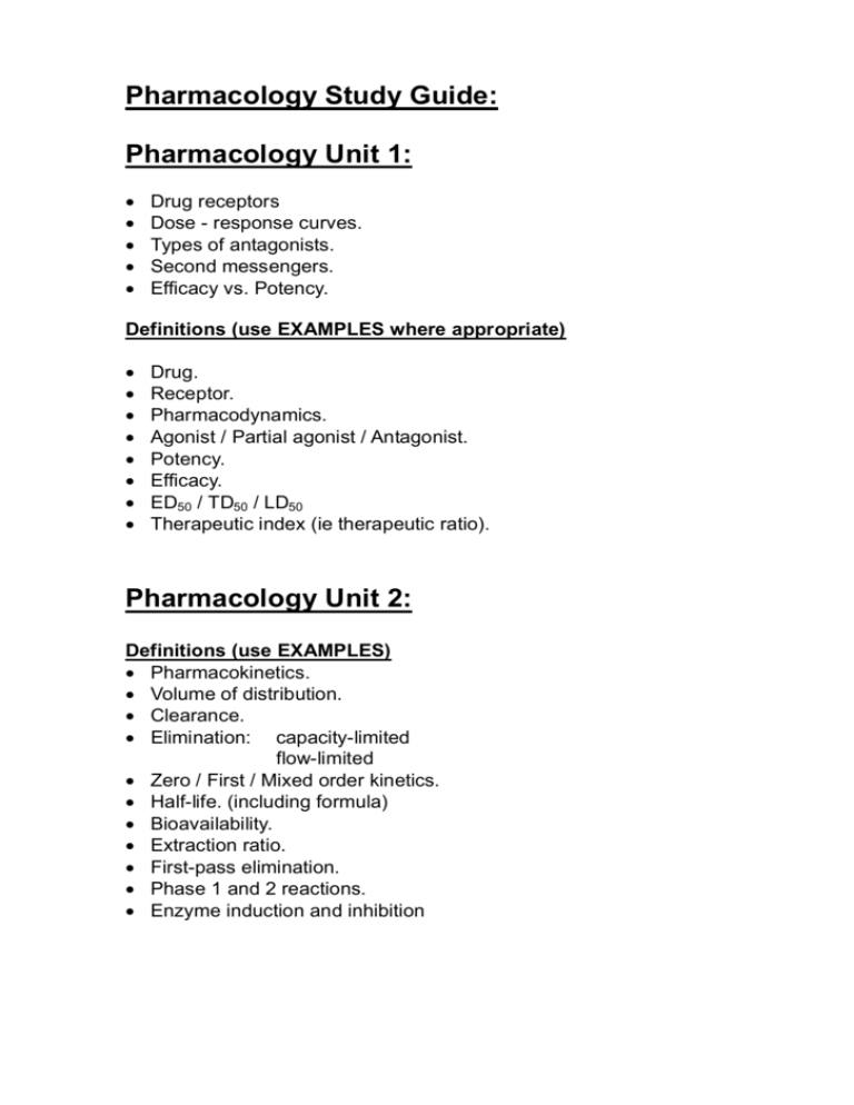 Pharmacology Study Guide Pharmacology Unit 1 Pharmacology