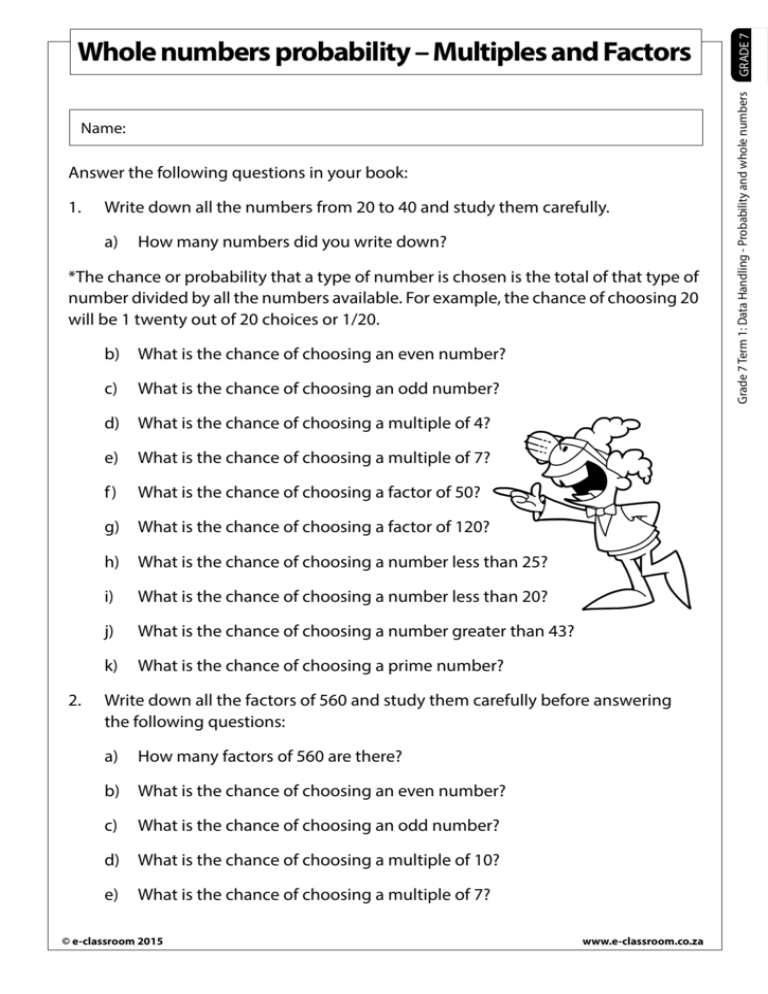 Whole Numbers Probability Multiples And Factors