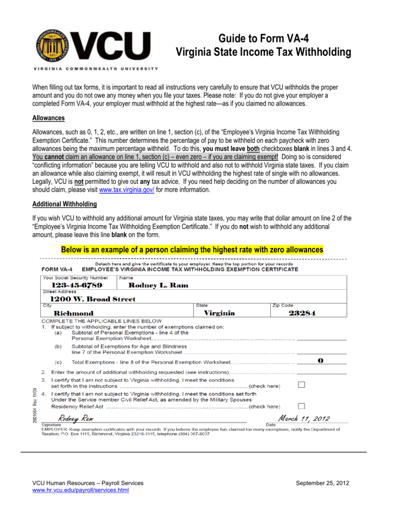 Guide To Form Va 4 Virginia State Income Tax Withholding 0124