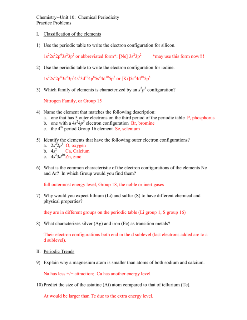Practice Problems (answers). For Periodic Trends Practice Worksheet Answers