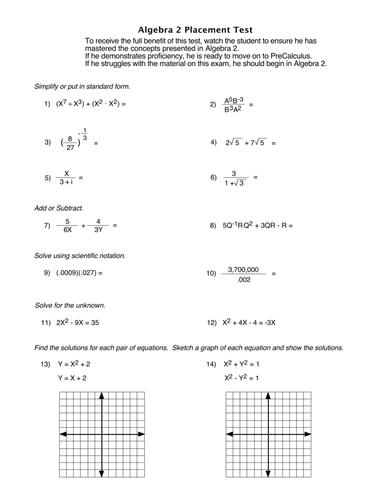 Free Printable High School Math Placement Test