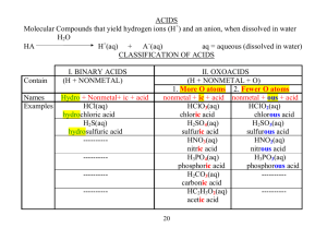 ACIDS Molecular Compounds that yield hydrogen ions (H ) and an