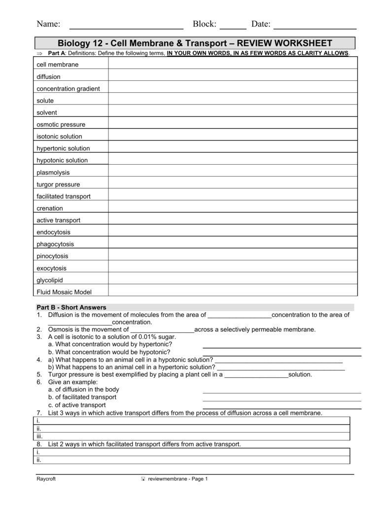 Biology 22 - Cell Membrane & Transport – REVIEW WORKSHEET Regarding Cell Transport Worksheet Answers