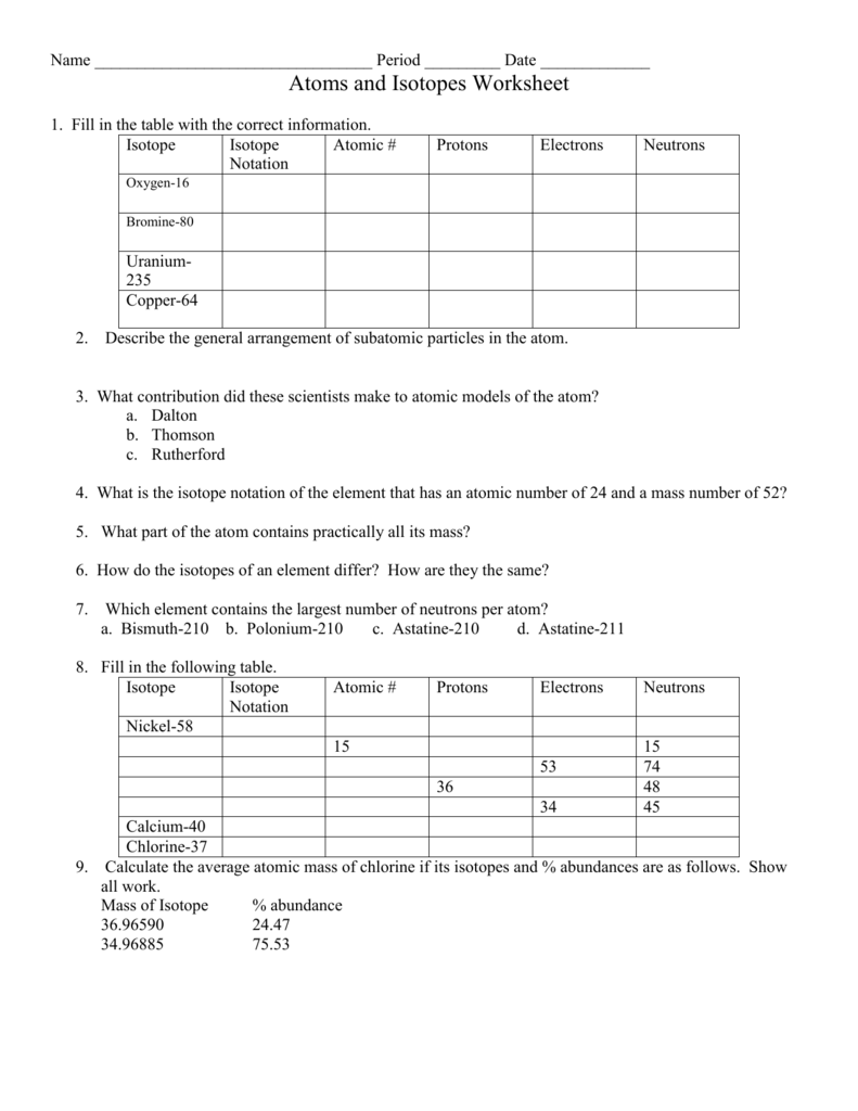 Atoms and Isotopes Worksheet For Atoms And Isotopes Worksheet