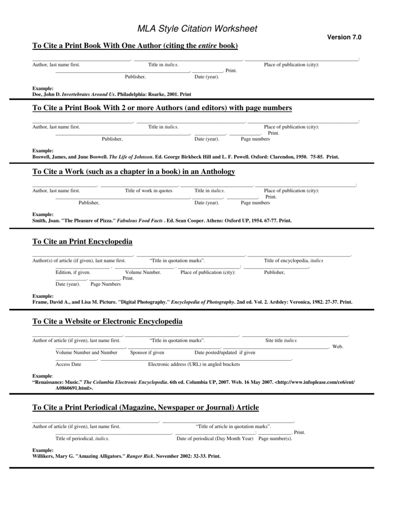 MLA Style Citation Worksheet