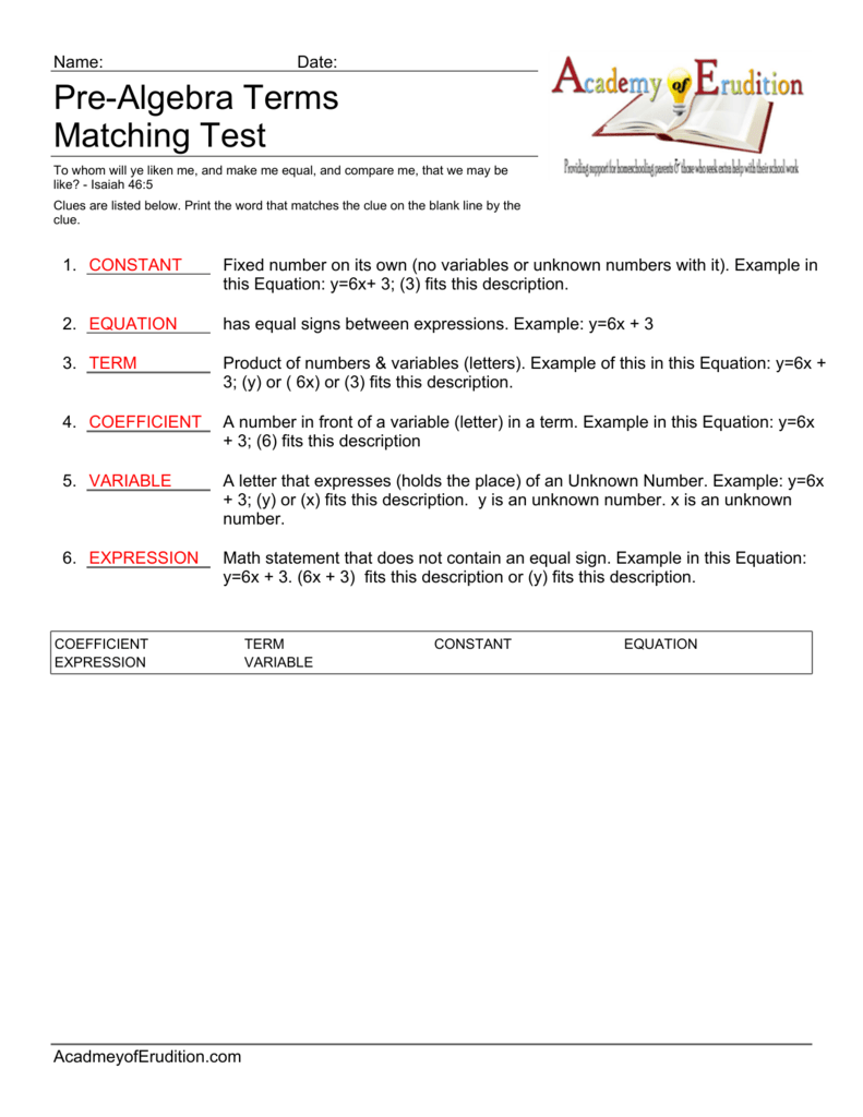 Pre Algebra Terms Matching Test key