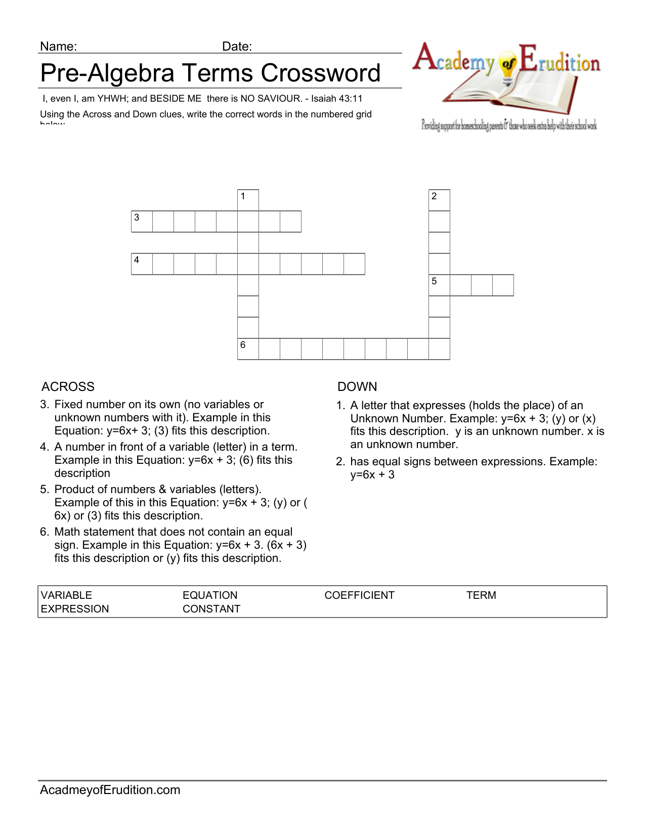 Pre Algebra Terms Crossword