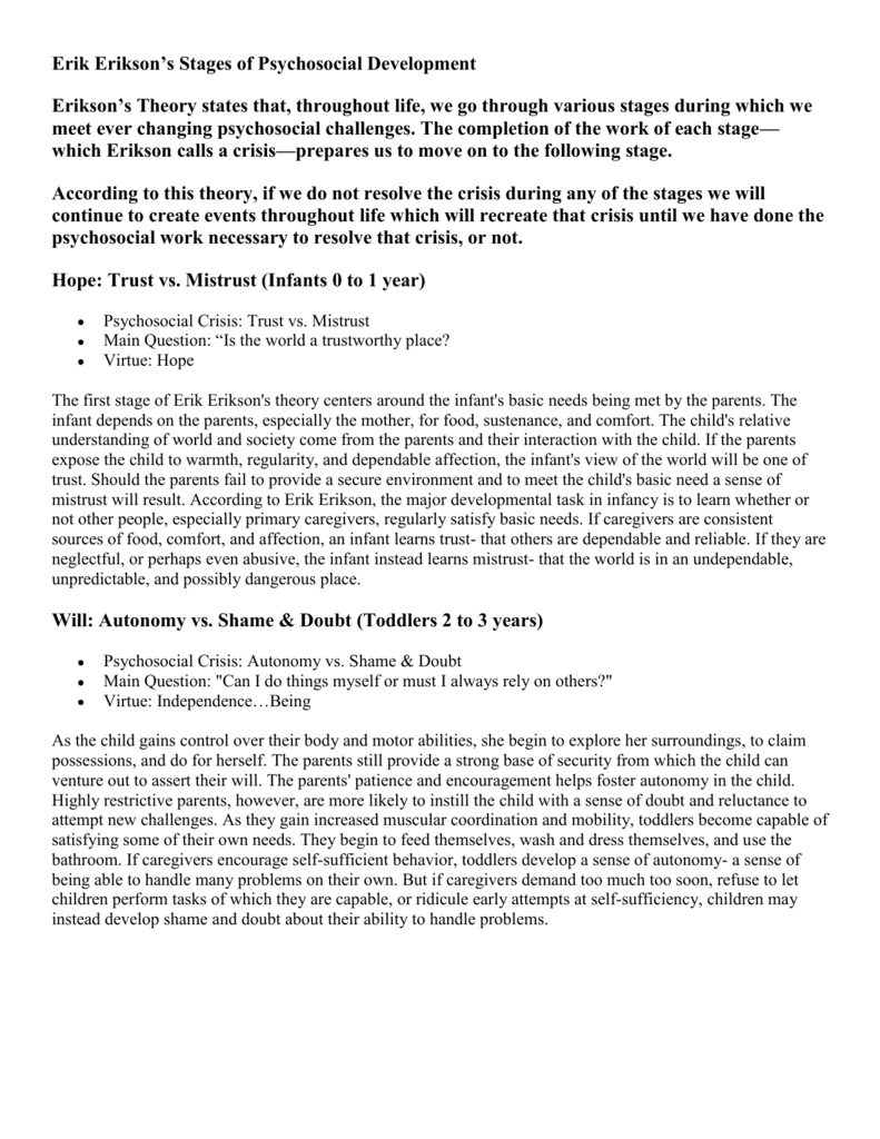 Erikson S Psychosocial Stages Summary Chart