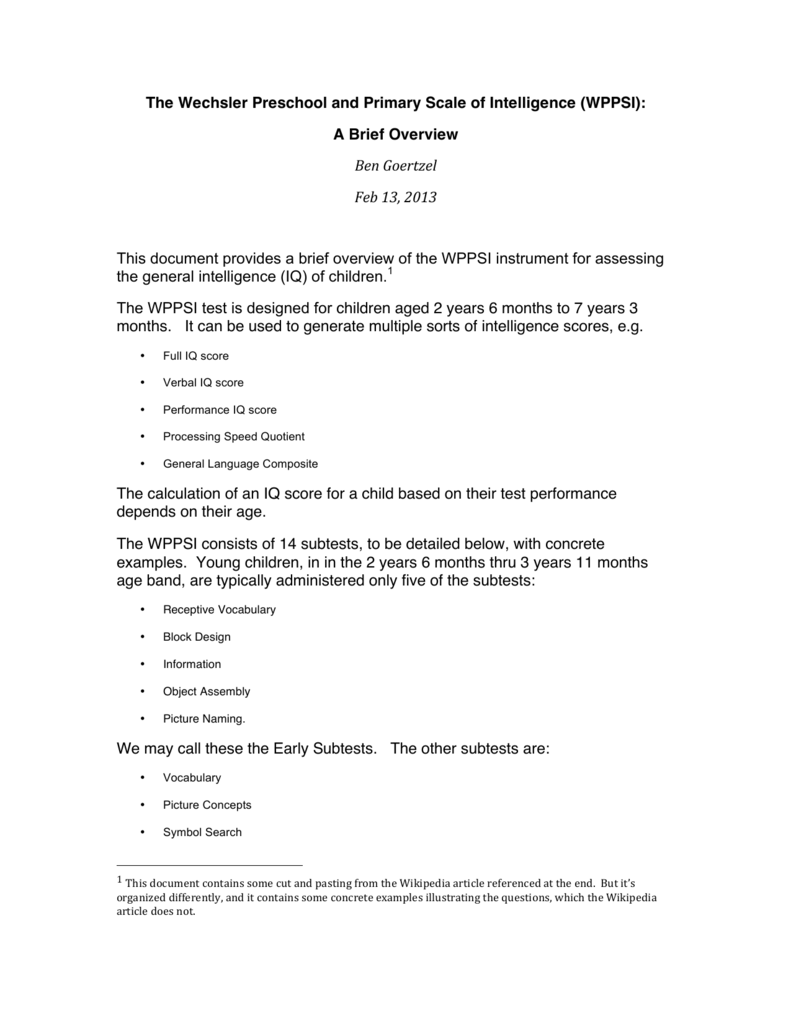 The Wechsler Preschool and Primary Scale of Intelligence (WPPSI