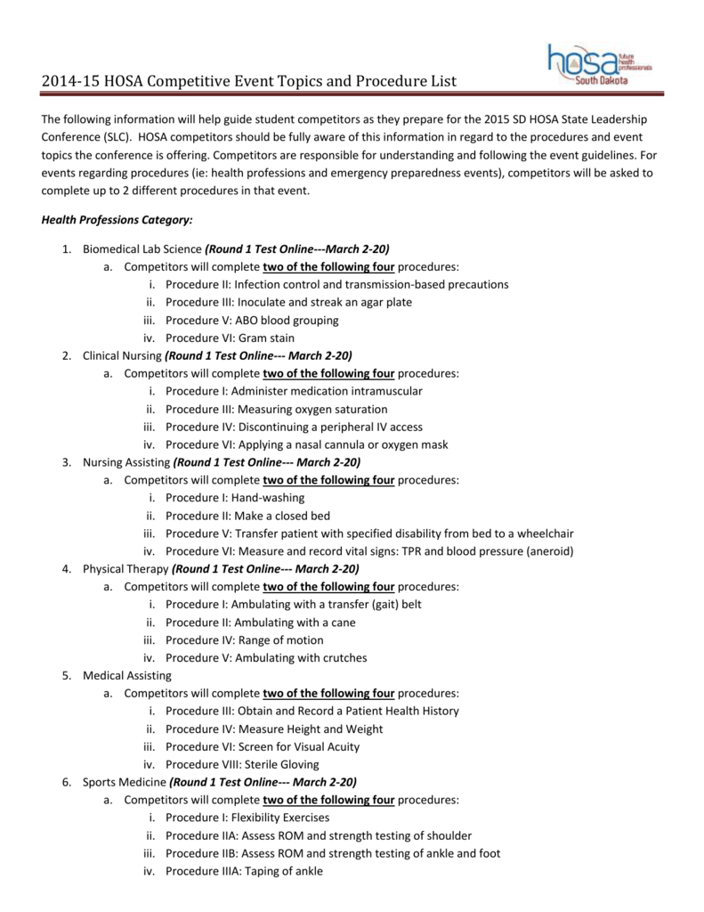 201415 HOSA Competitive Event Topics and Procedure List