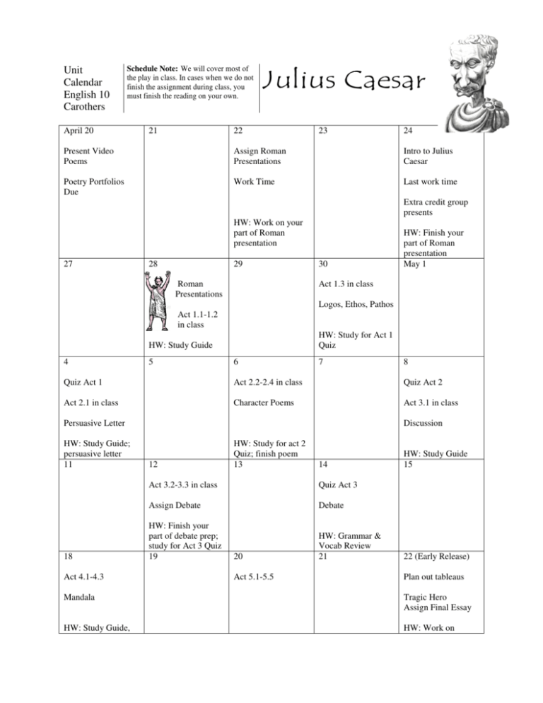 Julius Caesar unit calendar and packet