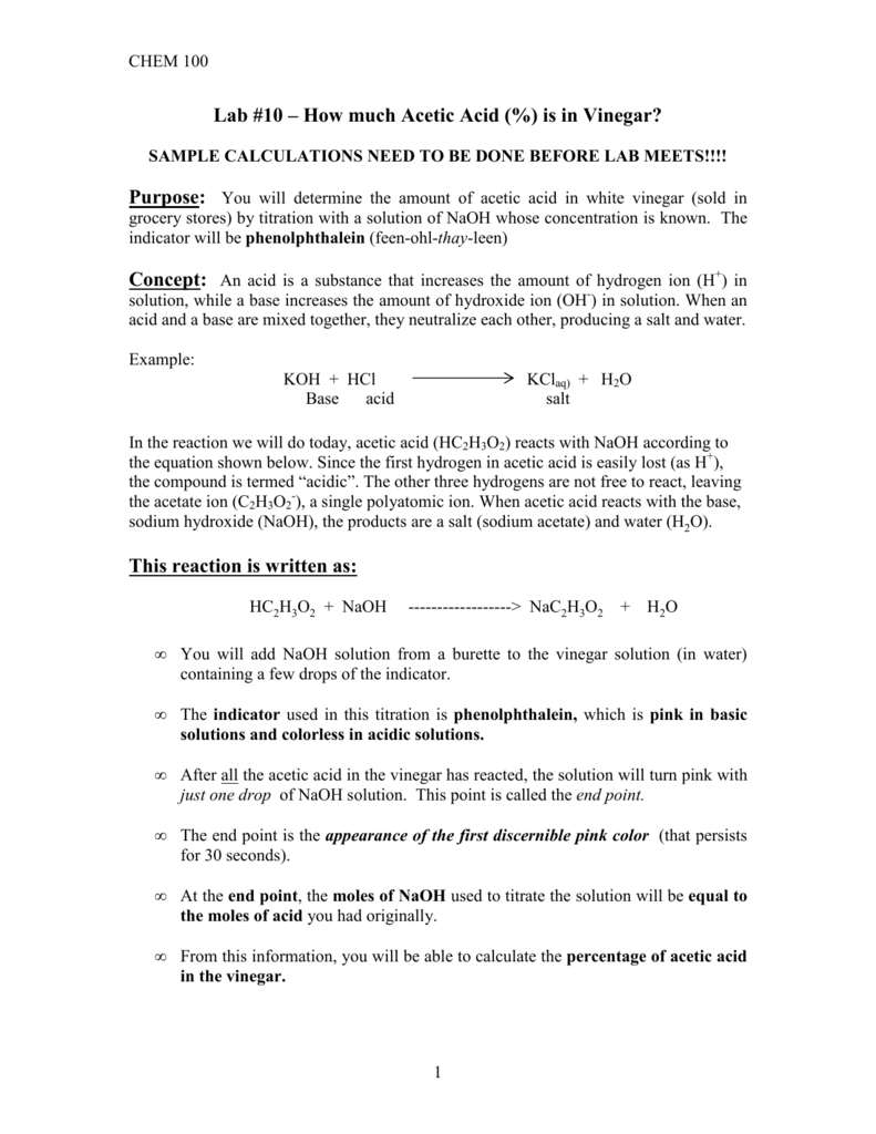 Lab 10 How Much Acetic Acid Is In Vinegar This Reaction Is
