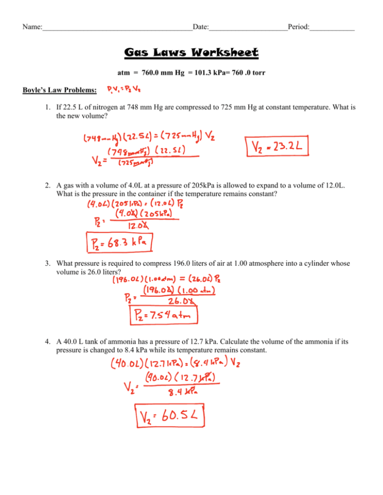 Combined Gas Law Worksheet Key
