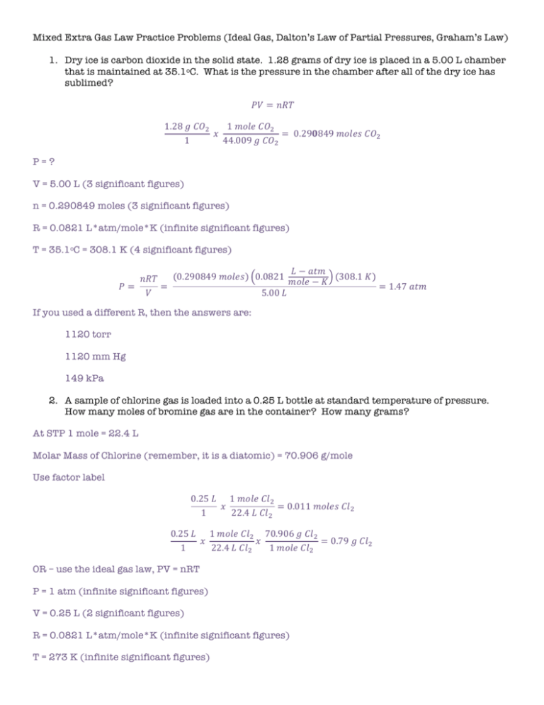 Mixed Gas Law Problems Answers