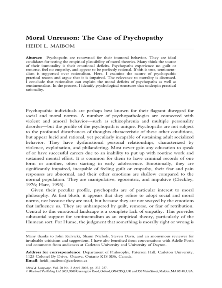 case study of psychopathy